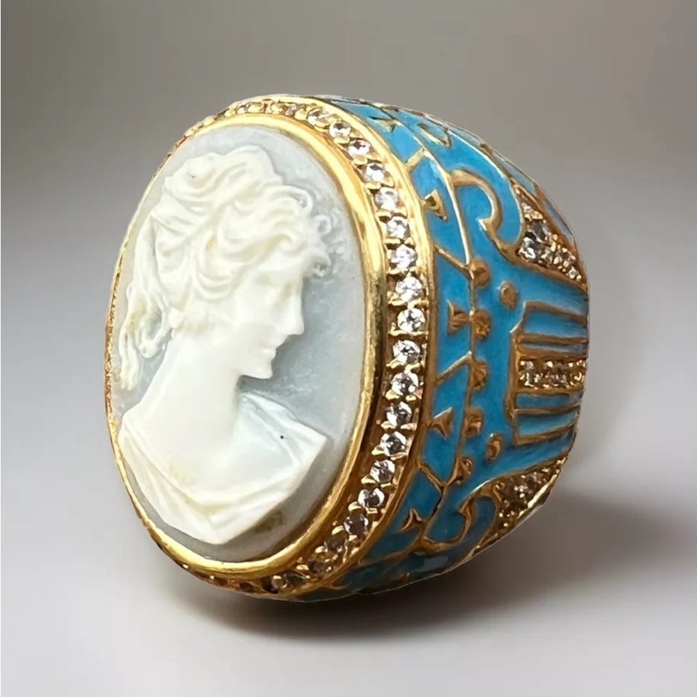 Lauren G Adams Huge Modern Victorian Cameo Enameled Blue Cocktail Ring Size 7